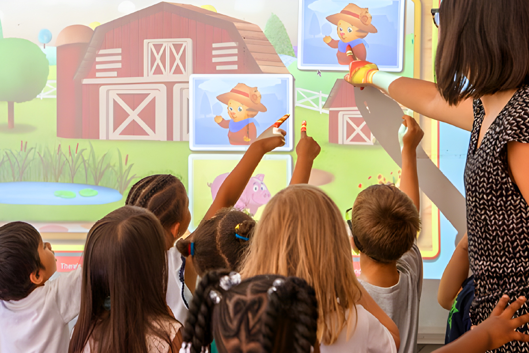 Illustration of adult helping children learn