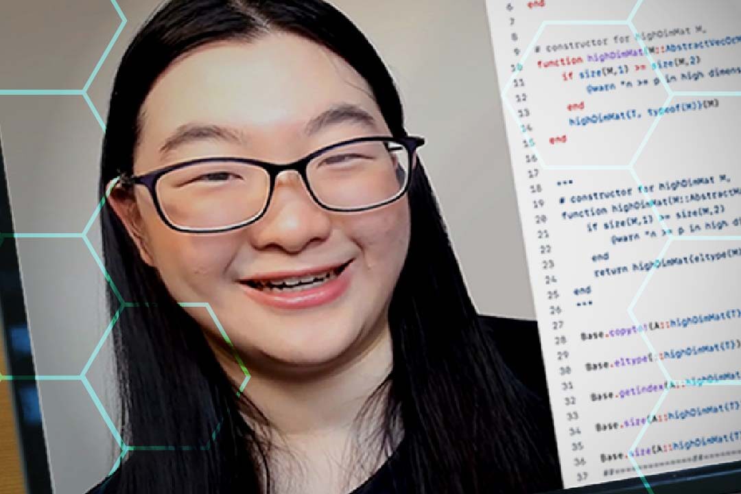 Laptop with photo of Yuren Sun and programming code on the screen