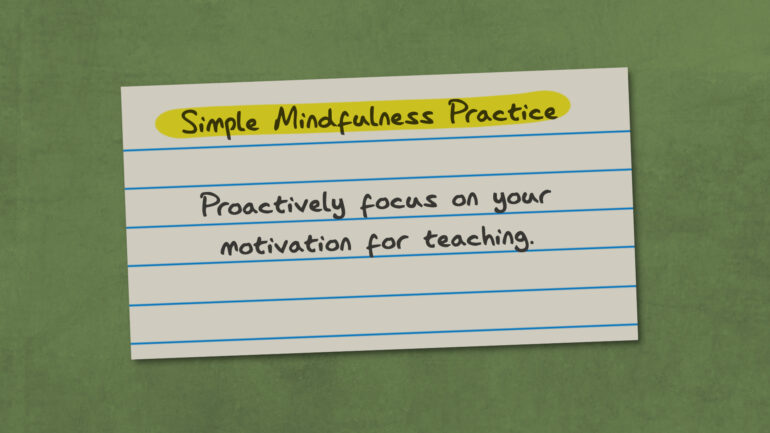 Illustration of an index card with handwriting, simple mindfulness practice, proactively focus on your motivation for teaching