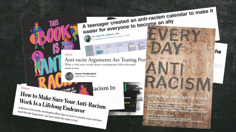 Collage of newspaper clippings with headlines about racism