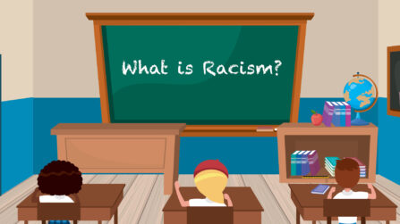 Illustration of a chalkboard in front of students with words written in chalk, what is racism?