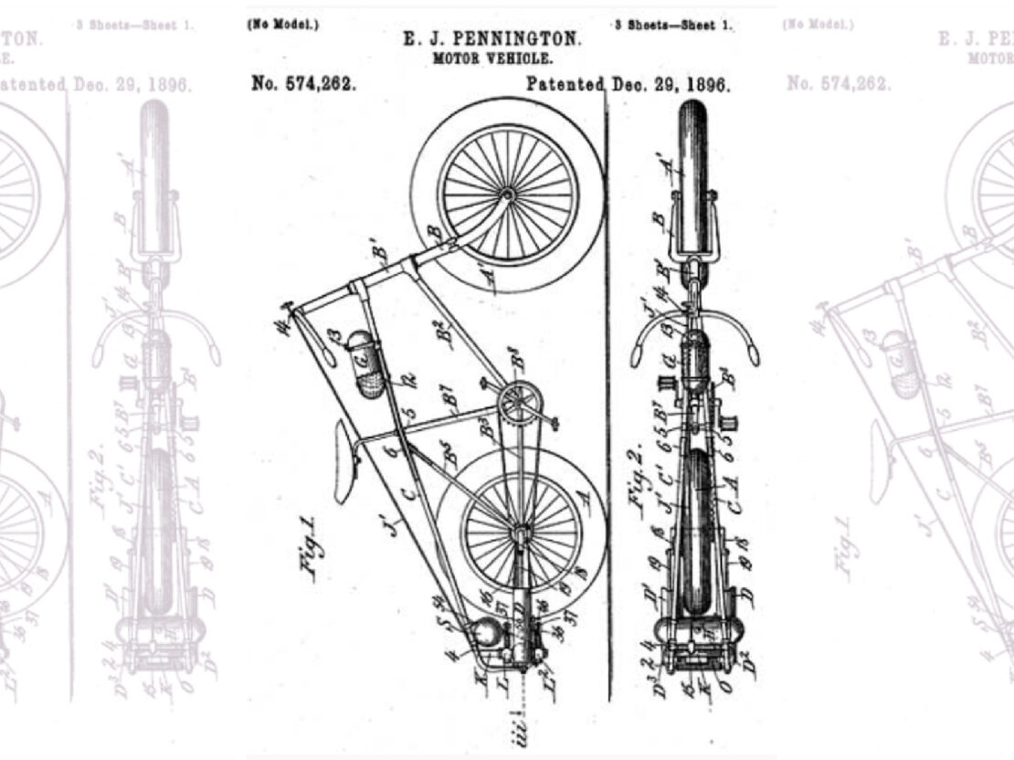 A black and white image showing a drawing of a side view and a top-down view of a motorized bicycled with lines pointing to parts of the bicycle, labeled with numbers and letters.