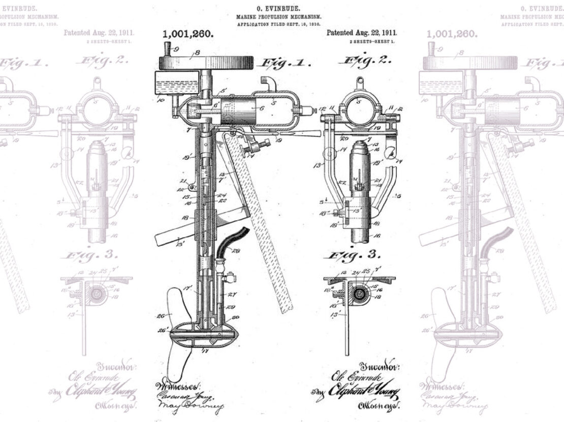 A black and white drawing of an outboard motor with the heading "O. Evinrude. Marine Propulsion Mechanism. Application Filed September 16, 1910.