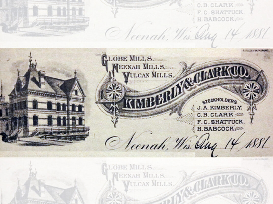 A color image of a piece of paper with the words "Kimberly & Clark Co. in elegant script in the center and the names of the company owners under the heading "Stockholders."