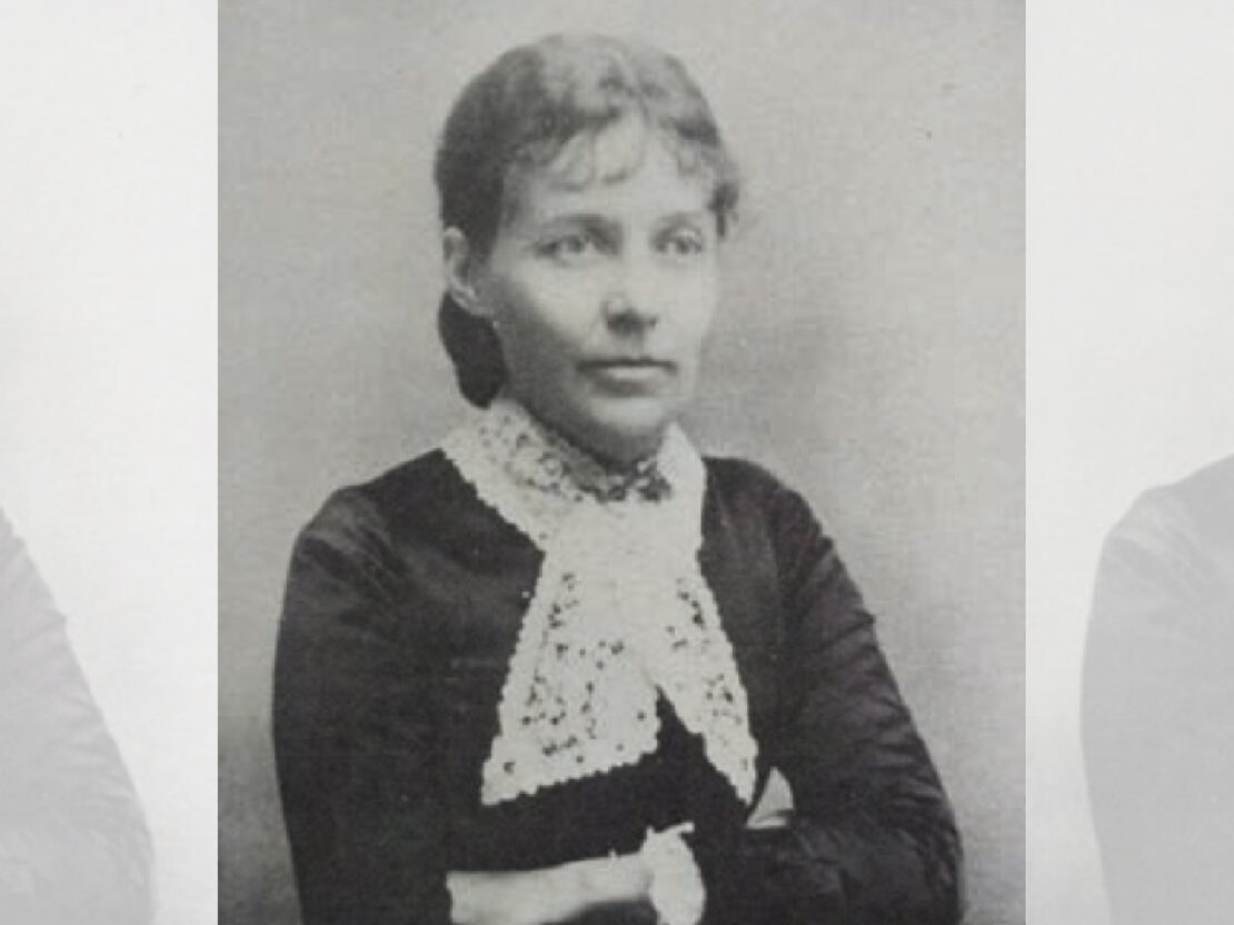 In this black and white photograph from 1885, an adult Caroline Hubbard poses for a portrait. Her head and shoulders can be seen, and she looks to the right of the viewer.