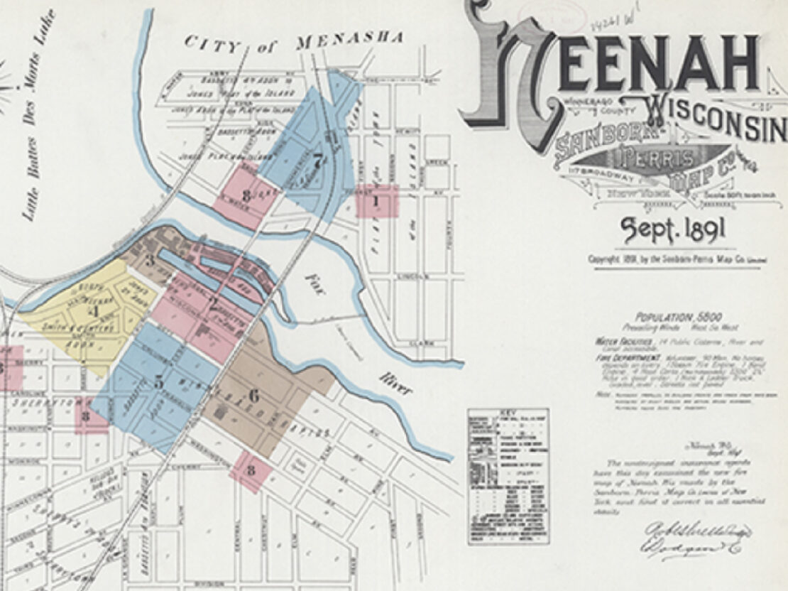 An illustrated map of Neenah, Wisconsin in 1891 with black and white lines and text, and blue, brown, yellow and pink shaded areas.