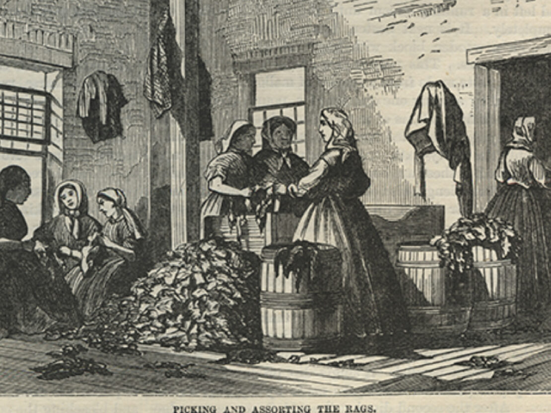 An illustration done in black ink on (now) yellowed paper showing women standing around a barrel next to a pile of rags.