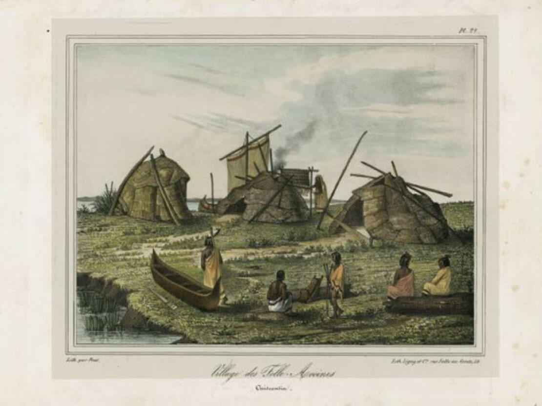 A full color image of an illustration showing four people near a canoe on the shore, with thatch structures in the background.