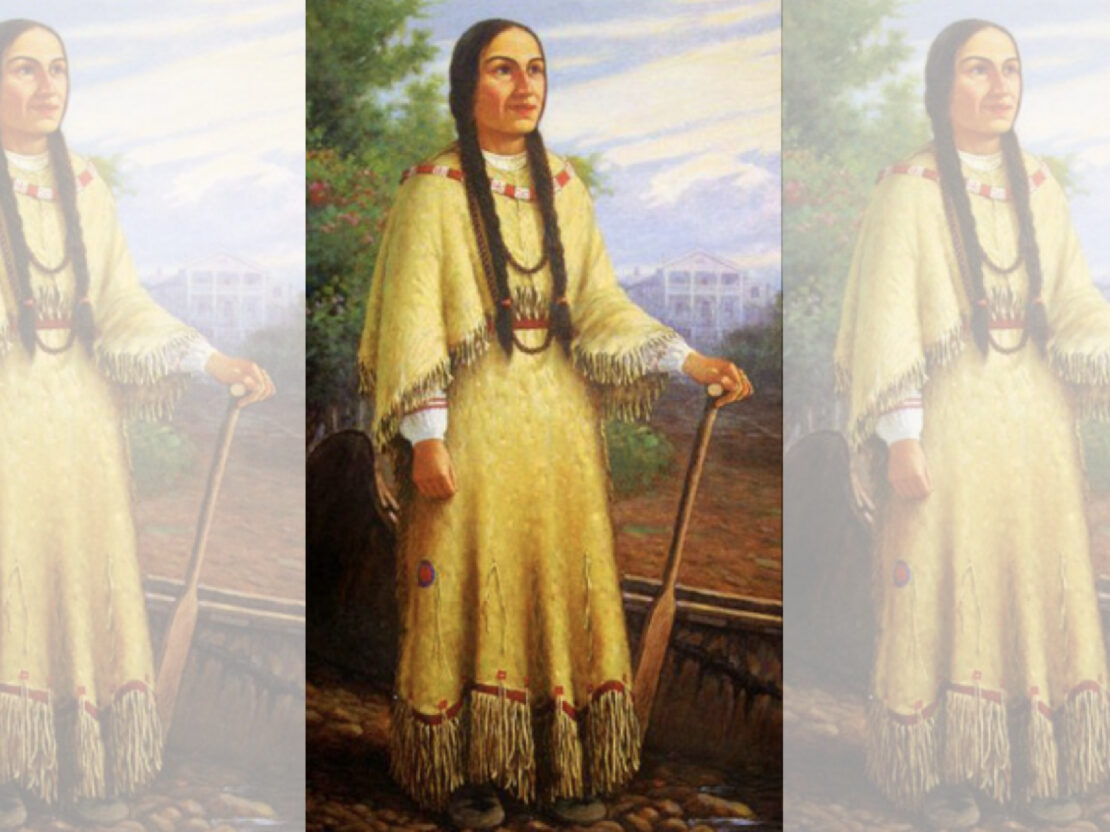 A full color painted portrait of Elizabeth's great-aunt Madeleine wearing a cloak and skirt, with her hair in long braids and her left hand resting on a wooden paddle. She looks off to the right of the viewer and behind her are trees and a building.