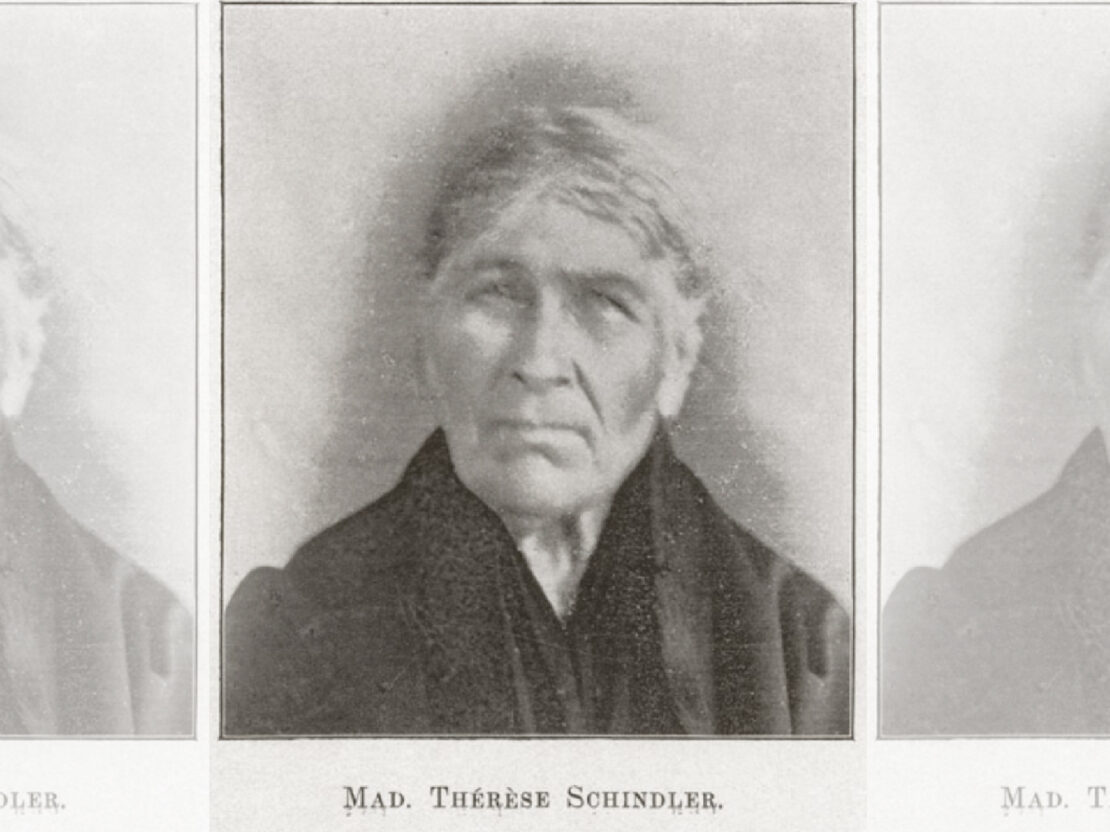 A black and white portrait of Madame Thérèse Schindler, Elizabeth's grandmother. In the portrait, an older woman is looking directly towards the viewer.