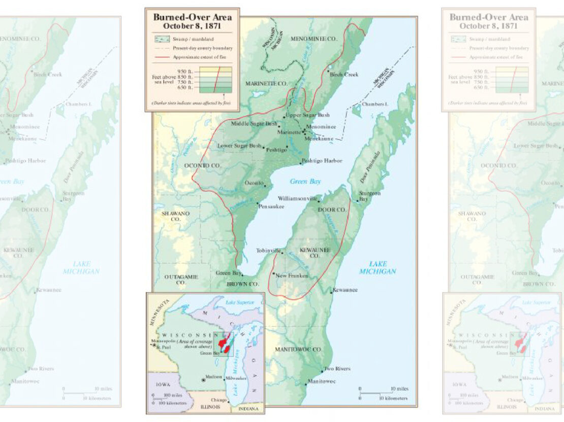A full-color illustrated map showing the burned-over area of land after the Peshtigo Fire, with an inset showing the area as it relates to the region.