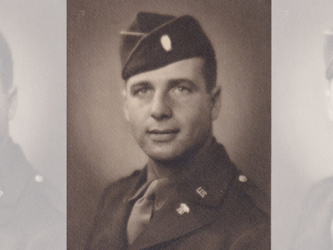 In this black and white photo, Gaylord poses for his formal Army portrait. His head and shoulders are visible and he is wearing his uniform and cap.