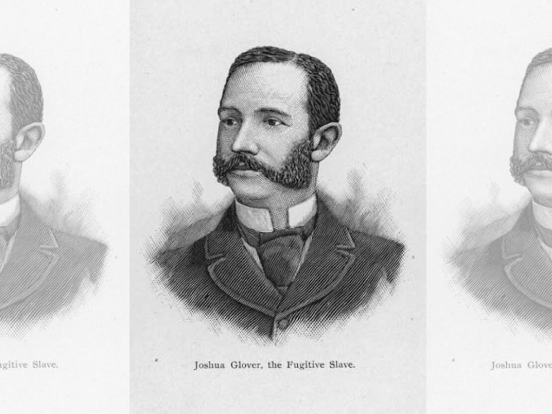 A black and white drawing of Joshua Glover. In the drawing his head and neck are visible and he looks to be wearing a coat and tie.