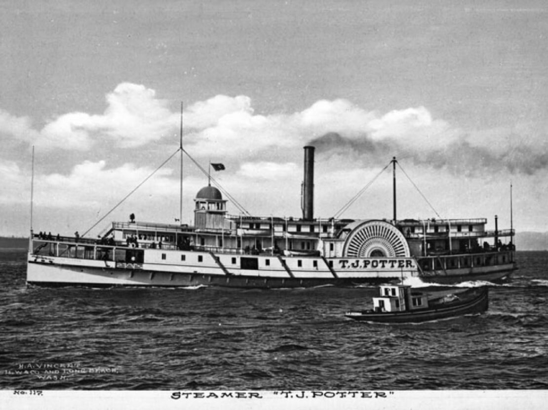 A black and white image of a steamboat on the water. Below the photo is the text "'Steamer "T.J. Potter".'