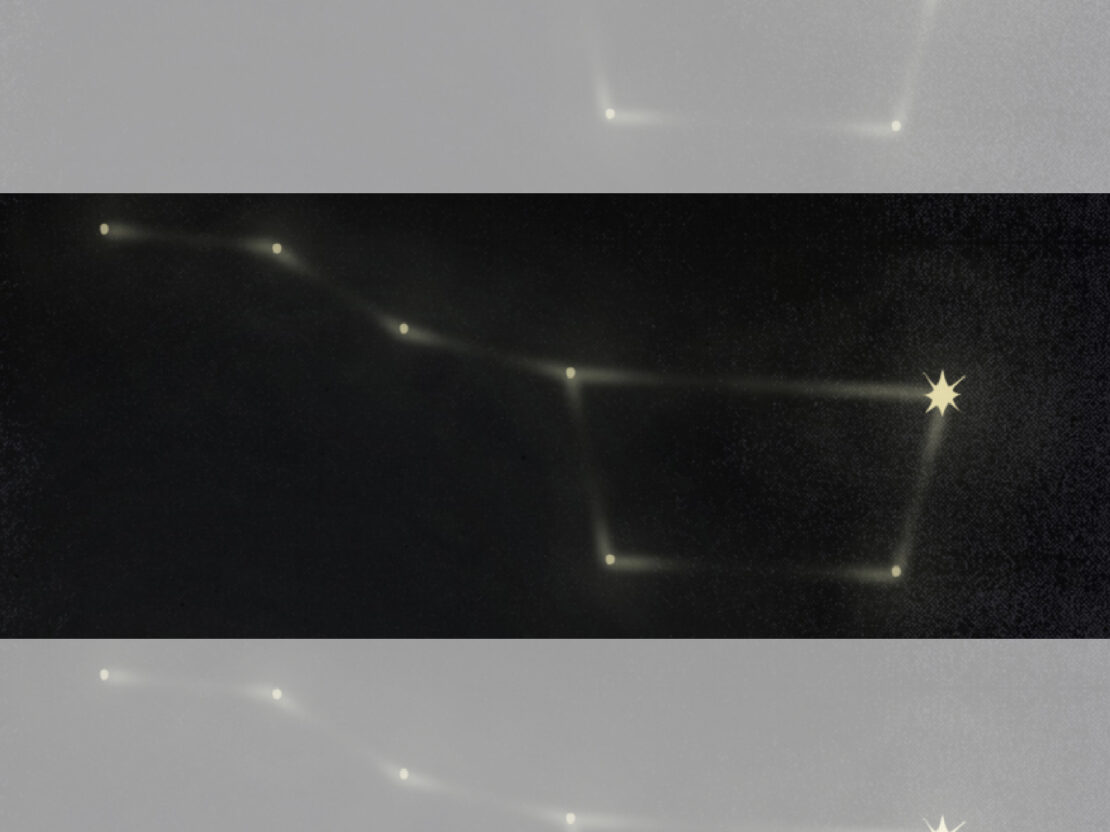 A color illustration of the Drinking Gourd constellation with a black background and yellow stars.