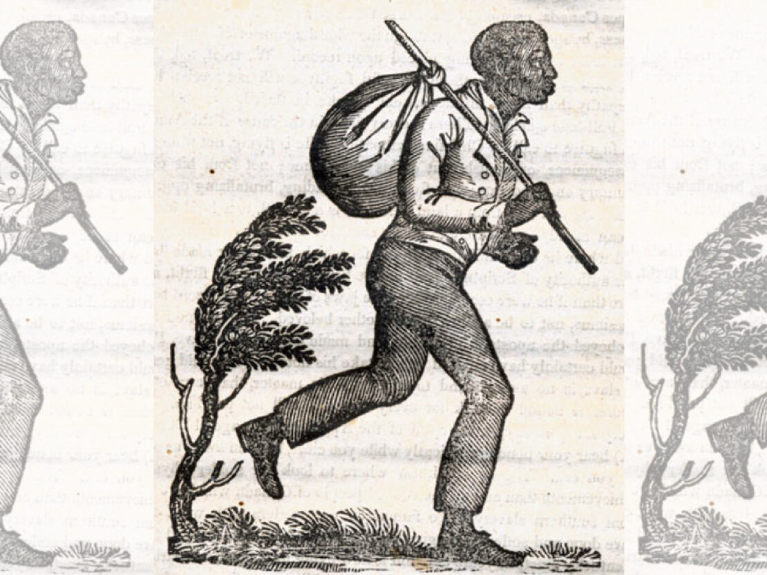An image showing a black and white illustration of a man in profile in a walking or running position. Over his shoulder he is carrying a stick with a sack attached to the end.