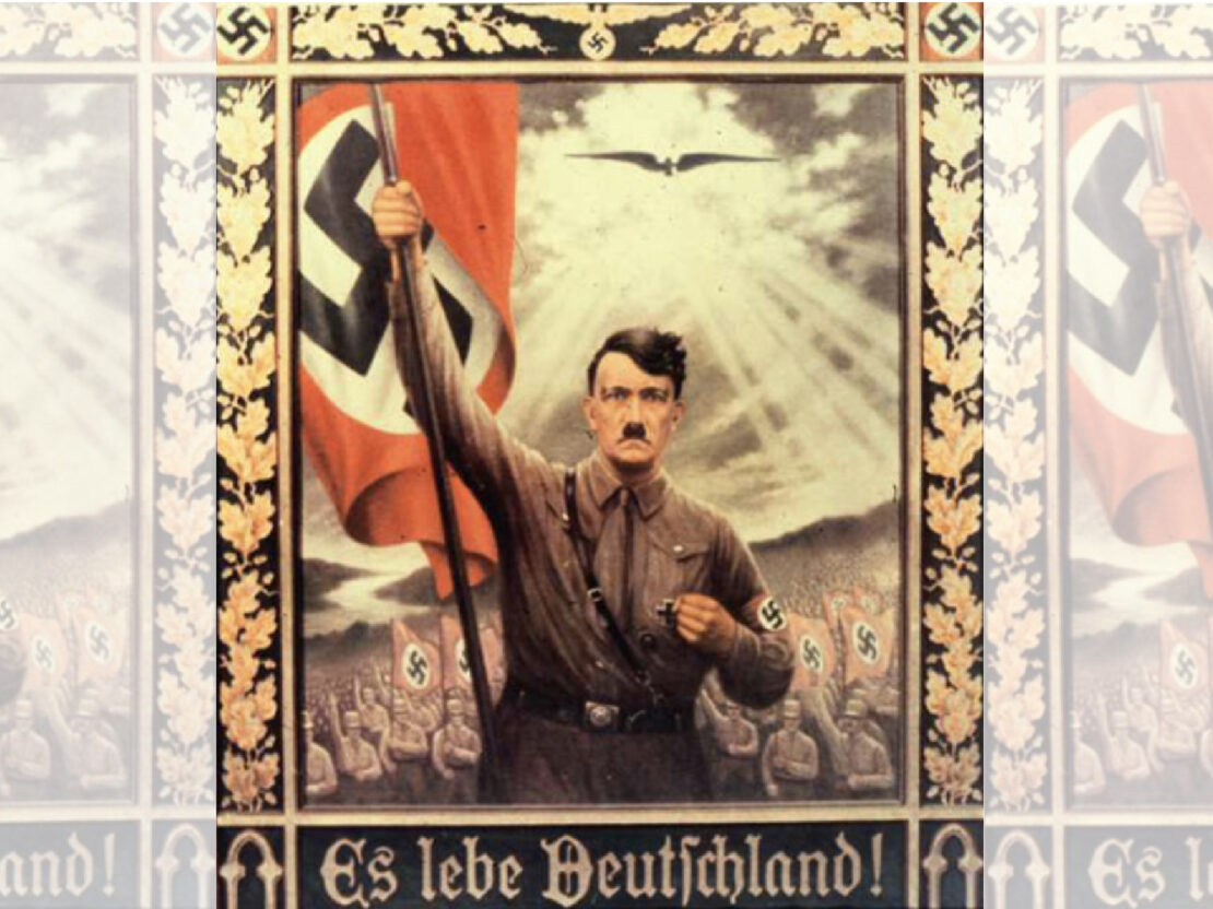 A color image of an illstration showing HItler holding a flag in front of a crowd of people.
