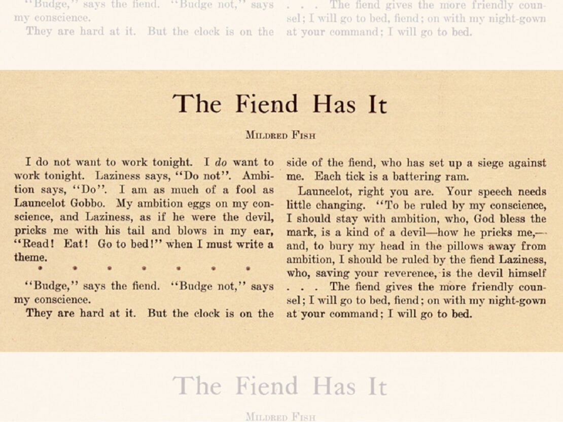 A yellow-tinted image of a piece of paper with typed text on it. The title of the story reads, “The Fiend Has It Mildred Fish”