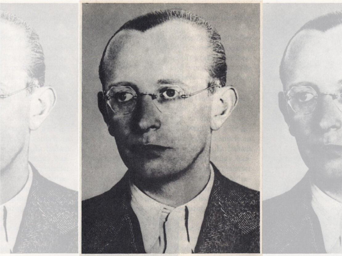 A black and white portrait of Arvid Harnack. His head and neck are visible and he is looking to the left of the viewer.