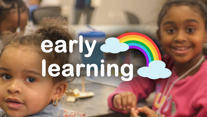 Pre-school aged children turning to face the camera with the logo for Early Learning