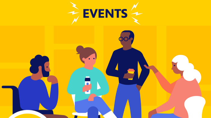 Events slogan with illustration of a diverse group of folks engaged in communication at an event