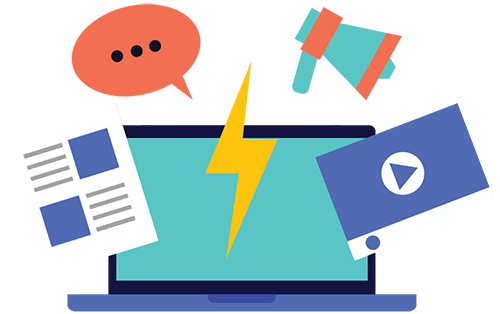 Illustration of laptop computer, document, video player, online discussion, and other iconography