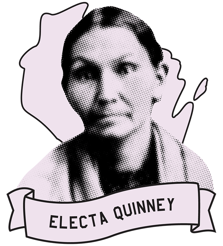 Stylized photograph of Electa Quinney, including a banner that displays her name at the bottom of the photograph, and the shape of the State of Wisconsin as a backdrop, all with a pink tint.