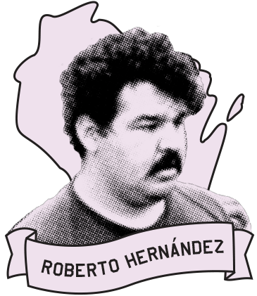 Illustration of Roberto Roberto Hernández with his portrait photo superimposed over the shape of the State of Wisconsin, all with a pink monochromatic cast, and his name displayed in front on a ribbon