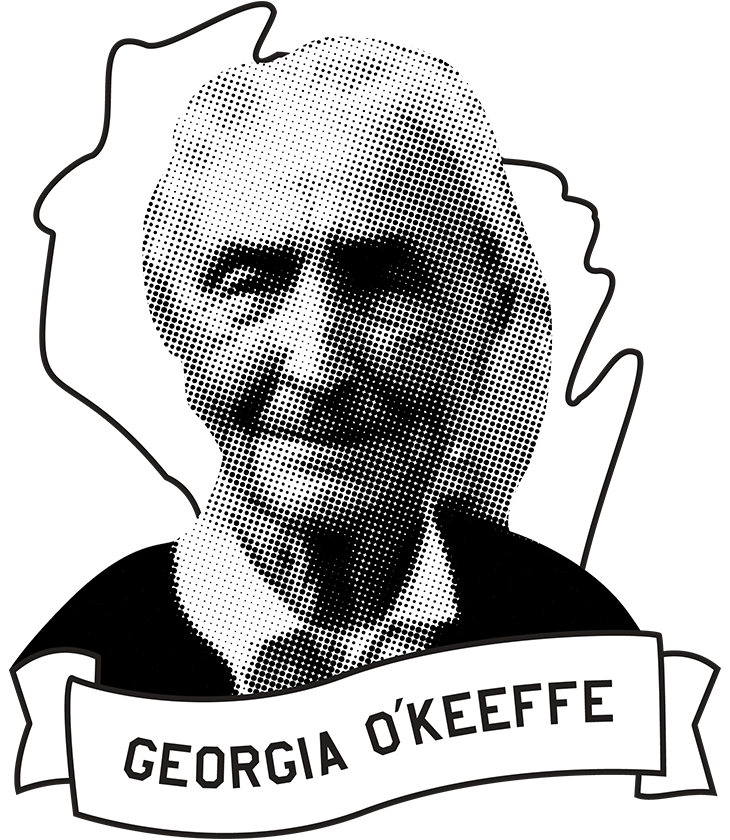 Halftone portrait of Georgia O’Keeffe with her name in bold text on a ribbon banner below.